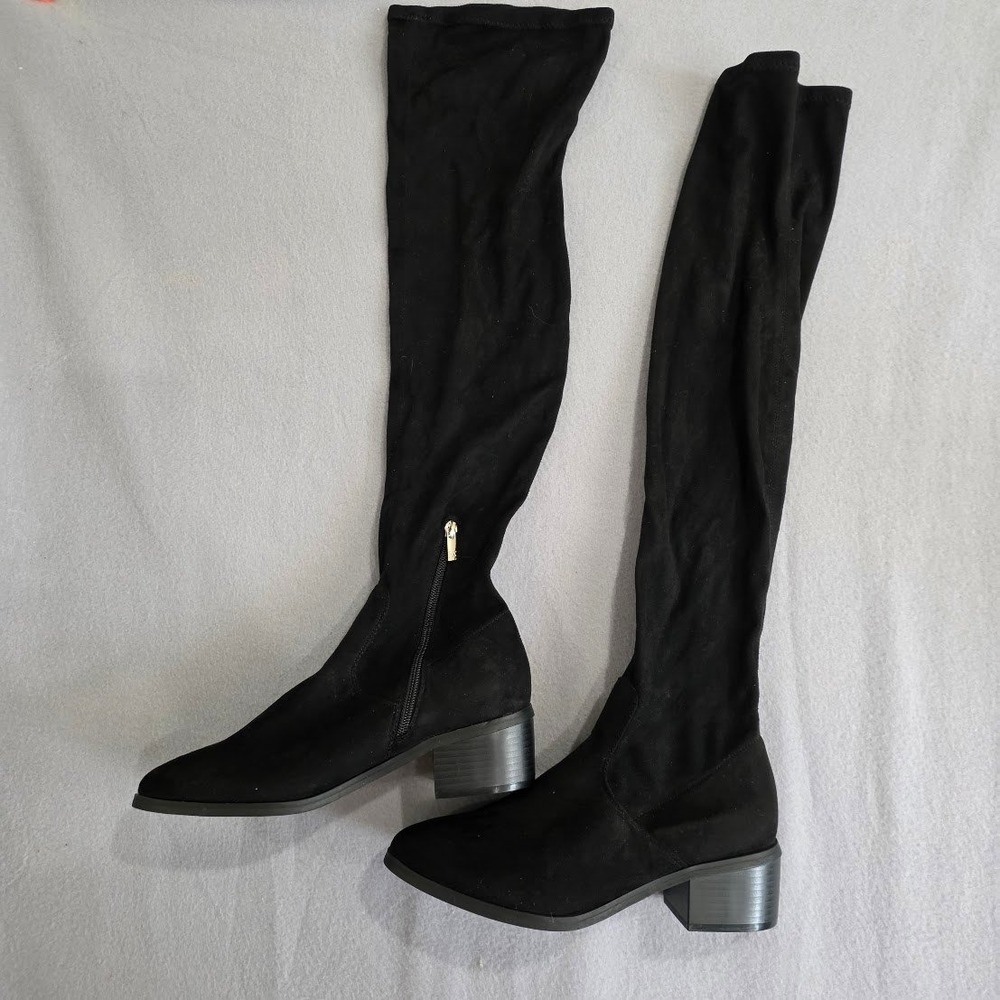 NY&C Black Over The Knee Boots Faux Suede Block Heel Stretch OTK Tall Boots 8